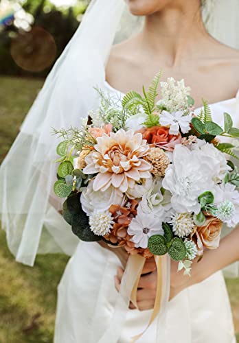Artificial Flowers Combo Dahlia 34pcs Silk Mix Fake Flowers Roses for DIY Wedding Bouquets Combo Centerpieces Arrangements Party Bridal Baby Shower Home Decorations (White Pink)