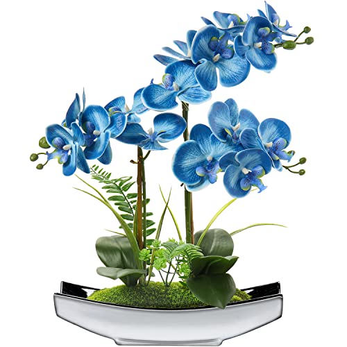 Orchids Artificial Flowers 15" Blue Phalaenopsis Orchid with Silver Pots Real Touch Faux Orchids for Home Office Bedroom Living Room Table Decoration (Blue#2)
