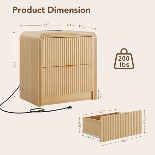 23'' Wide Fluted Nightstand Set of 2 with Charging Station (Oak / 2 Drawers)
