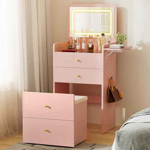 Makeup Vanity Desk with Mirror and Lights (Coral Pink)