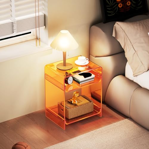 Acrylic End Table Record Player Table with Storage Shelf Clear Side Table Nightstand (Orange)