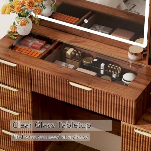 Modern Vanity Desk with 31.5" Mirror and Lights (Brown)