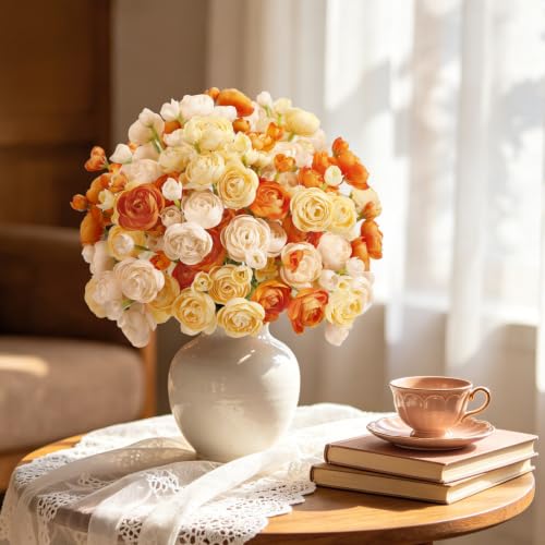30Pcs Ranunculus Artificial Flowers Fall Faux Silk Mini Ranunculus (Cream&ombre Orange&pale Yellow)