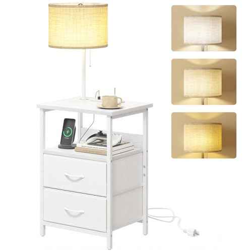 Night Stand with 3 Color Temperature Bulb Attached (15.7"D x 11.8"W x 23.6"H (2 drawers) / Power+Lamp (1pc) / White)