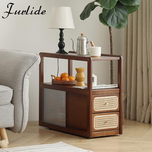Rattan Nightstand Side Table with Storage (Walnut)