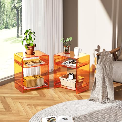 Acrylic End Table Record Player Table with Storage Shelf Clear Side Table Nightstand (Orange Set of 2)
