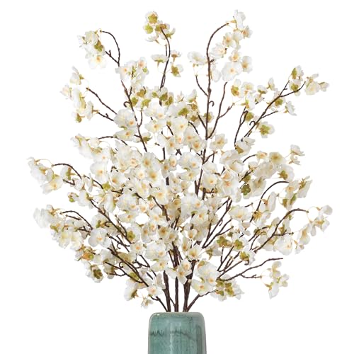 4 Pcs Artificial Cherry Blossom Flower Branches (White-mrz)
