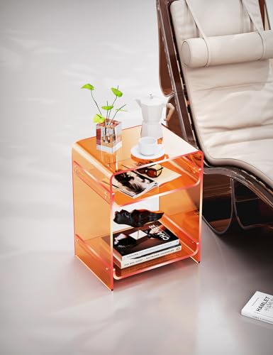 Acrylic End Table Record Player Table with Storage Shelf Clear Side Table Nightstand (Orange)