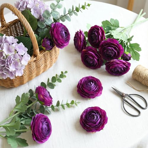 Artificial Ranunculus Flowers with Real Touch Stem (Purple / 6)