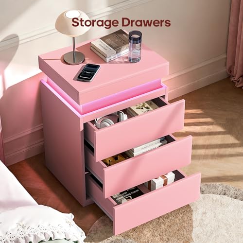 Pink Nightstand with Charging Station and LED Lights (Pink)