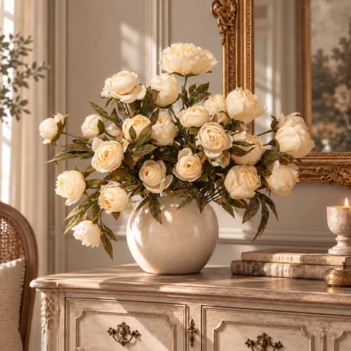 8 PCS 18" Faux Peonies Artificial Flowers Silk Flowers for Vase (Champagne / 8P)