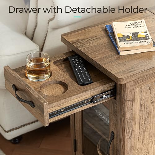 Set of 2 Charging End Tables with USB Ports (Brown / Glass Door)