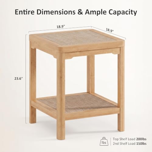 Square Rattan End Table Side Table with Round Edge Design (Natural Oak, Square)