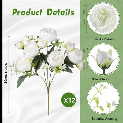 Peonies Artificial Flowers 12 Bouquets (White)