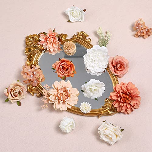Artificial Flowers Combo Dahlia 34pcs Silk Mix Fake Flowers Roses for DIY Wedding Bouquets Combo Centerpieces Arrangements Party Bridal Baby Shower Home Decorations (White Pink)