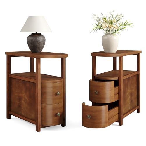 Solid Wood End Table Set 2 with 2 Drawers & Open Shelf (Vintage Brown)