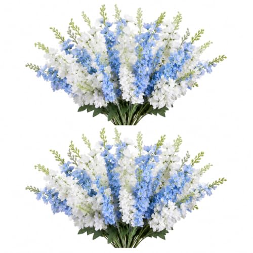 24 Pcs Blue White Delphinium Artificial Flower Bulk (34.25" / Blue, White)