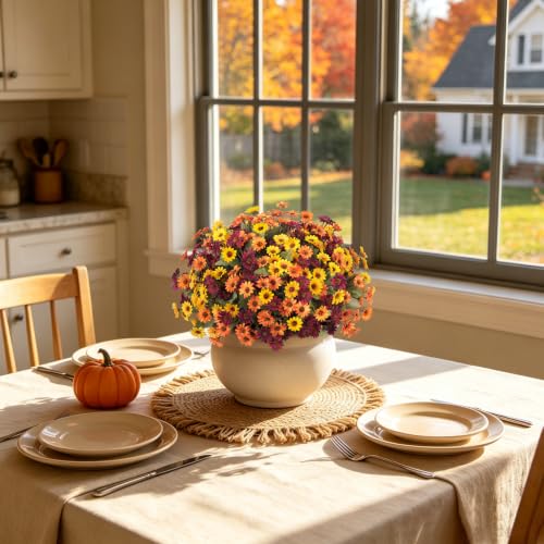 Artificial Fall Flowers Fake Mums Plants for Outdoors Decoration (4 Yellow, 4 Orange, 4 Fuchsia)