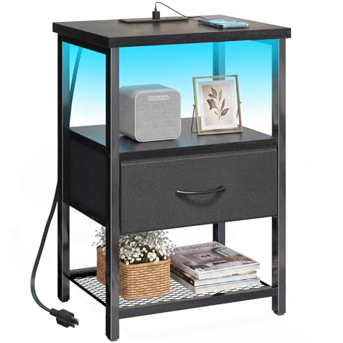 Night Stand with Charging Station (15.7"D x 11.8"W x 23.5"H (1 drawer) / Power+Light (1pc) / Black)