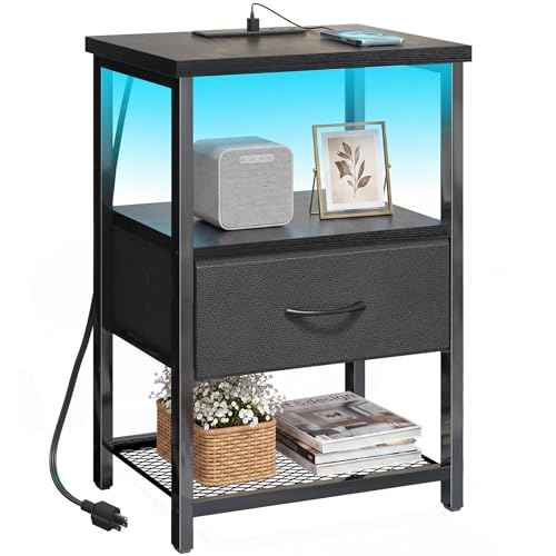 Night Stand with Charging Station (15.7"D x 11.8"W x 23.5"H (1 drawer) / Power+Light (1pc) / Black)