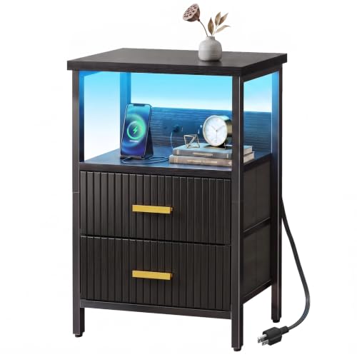 Night Stand with Charging Station (15.7"D x 11.8"W x 23.6"H (2 drawers) / Power+Light (1pc) / Black Fluted)