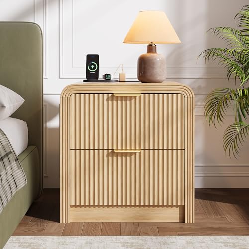 23'' Wide Fluted Nightstand Set of 2 with Charging Station (Oak / 2 Drawers)