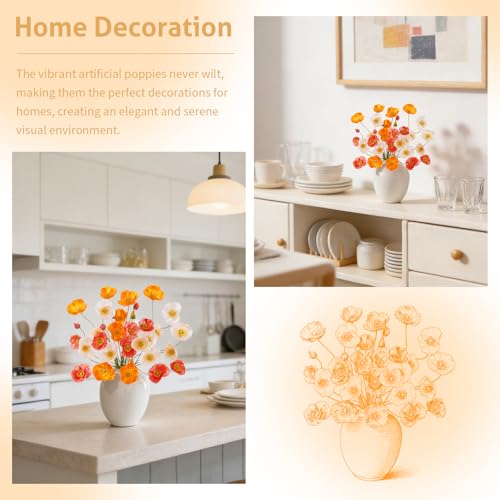 12PCS 36Heads Artificial Poppy Flowers with Stems (Champagne Orange+orange+tangerine)