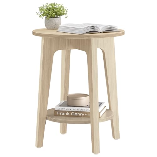 Round Side Table with Lower Shelf (Natural Beige / 1 pack)
