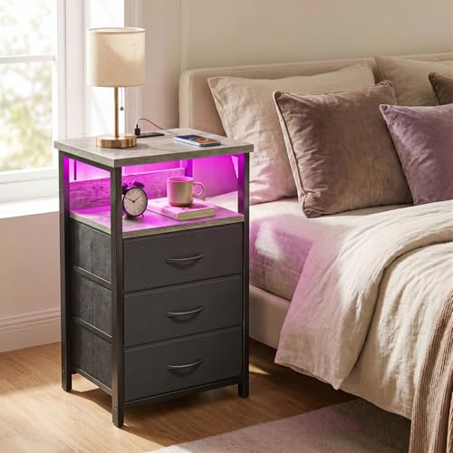Night Stand with 3 Fabric Drawers (15.7"D x 11.8"W x 26.9"H (3 drawers) / Power+Light (1pc) / French Oak)