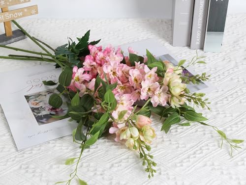 Pink Silk Delphinium Flowers Combo Clematis Greenery 8pcs Long Stem Pink Fake Larkspur Flowers Floral Arrangements for Tall Vase Table Party Home Decor (Pink)