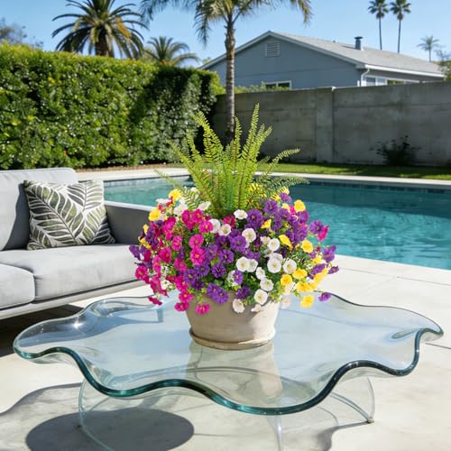 Artificial Flowers Fake Plants for Outdoors Decoration (Darkpurple Lightpurple Yellow White Fern)