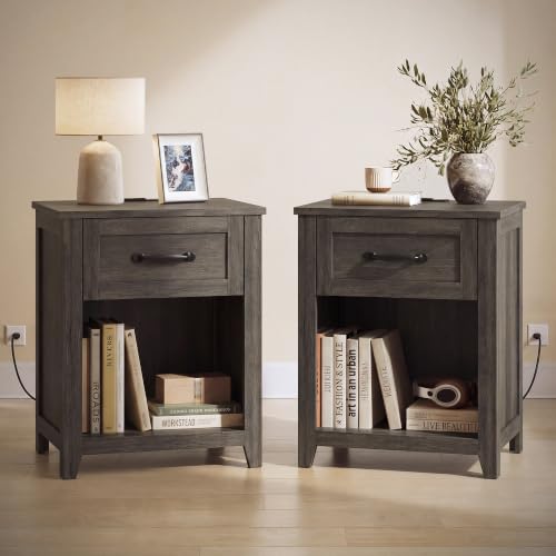 Farmhouse Nightstand with Charging Station (Taupe Brown / 2 PACK)