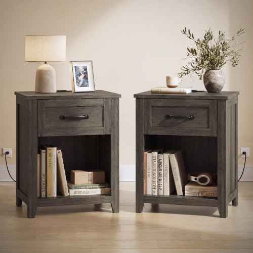 Farmhouse Nightstand with Charging Station (Taupe Brown / 2 PACK)