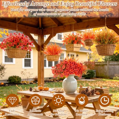 18 Bundles Realistic Fall Artificial Flowers for Outdoors UV Resistant (Mixed Orange)