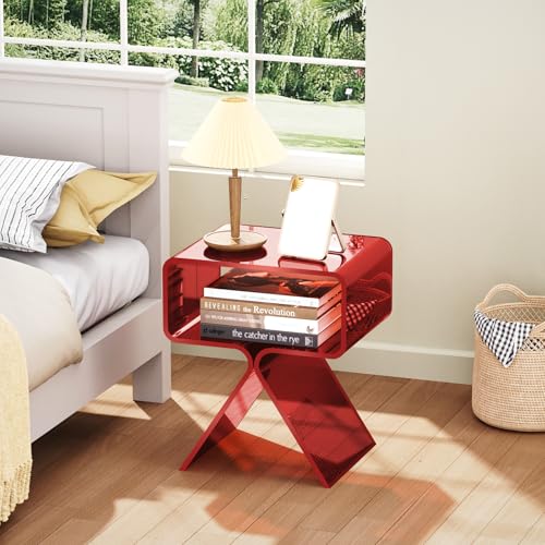 Acrylic Nightstand Bedside Side Table (Red)