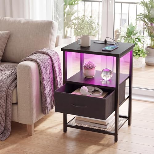 Night Stand with Charging Station (15.7"D x 11.8"W x 23.5"H (1 drawer) / Power+Light (1pc) / Black)