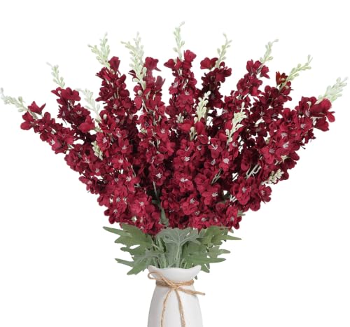 16Pcs Burgundy Delphinium Artificial Flower 33.5''Long Stem Burgundy Flower (Red)
