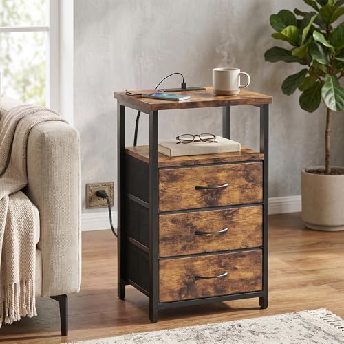 Night Stand with Charging Station (15.7"D x 11.8"W x 26.9"H (3 drawers) / Power (1pc) / Rustic Brown)