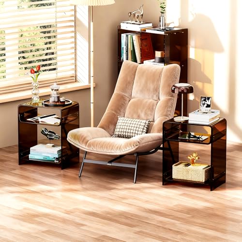 Acrylic End Table Record Player Table with Storage Shelf Clear Side Table Nightstand (Dark Brown Set of 2)