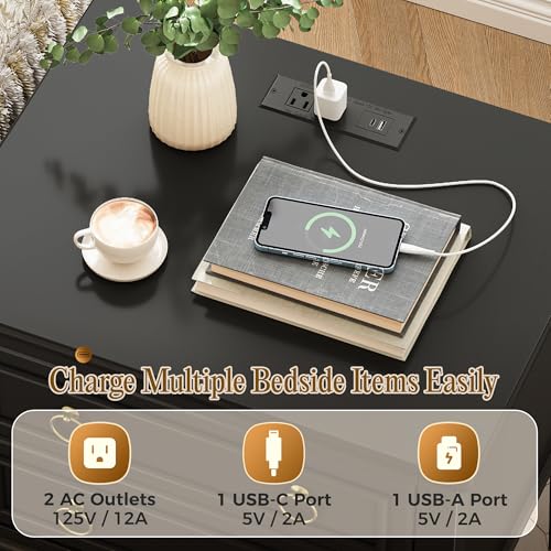 27.6 Inch Tall Nightstand with Charging Station (Black)