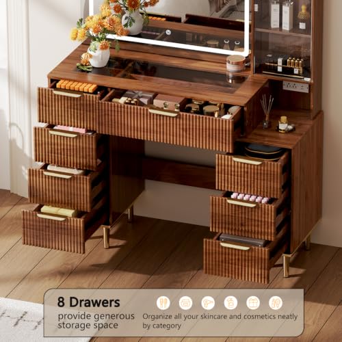 Modern Vanity Desk with 31.5" Mirror and Lights (Brown)