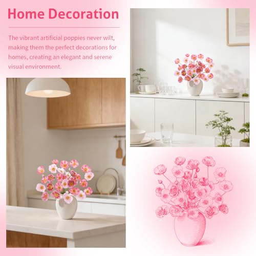 12PCS 36Heads Artificial Poppy Flowers with Stems (Light Pink+rose Pink+light Purple)