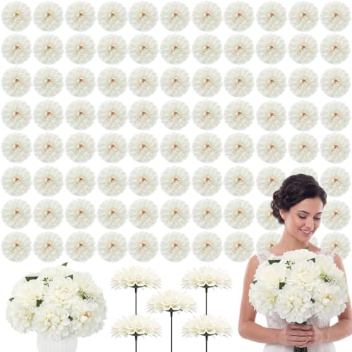 200pcs White Artificial Dahlia Flowers with Stems (Milky White)