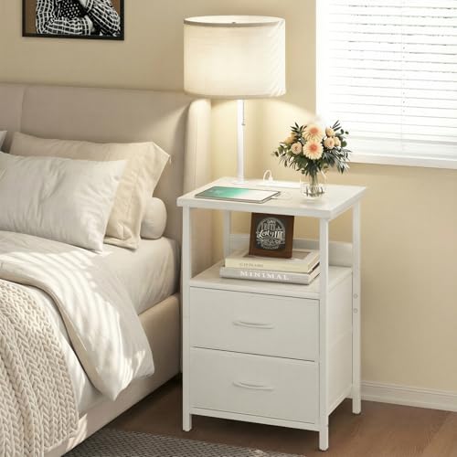 Night Stand with 3 Color Temperature Bulb Attached (15.7"D x 11.8"W x 23.6"H (2 drawers) / Power+Lamp (1pc) / White)