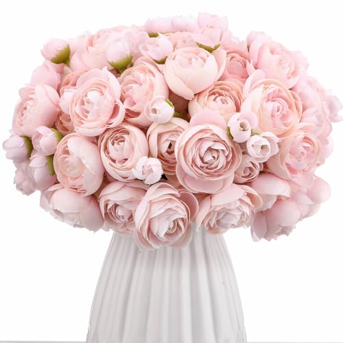48 Pcs Ranunculus Artificial Flowers Faux Silk (Pink)