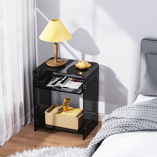 Acrylic End Table Record Player Table with Storage Shelf Clear Side Table Nightstand (Black)