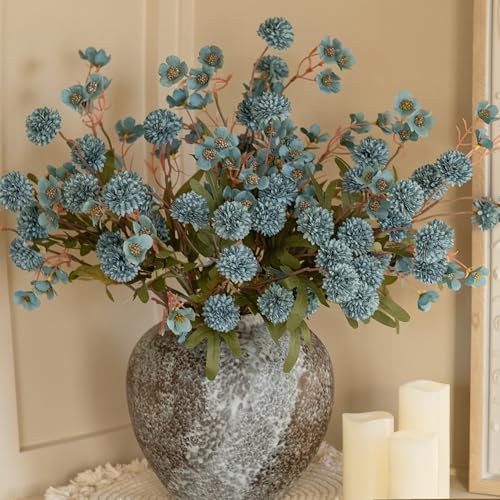 8 Pcs Fake Mums Kiku Flowers Artificial with Wild Flowers Bulk (8pcs-blue Wax&kiku)